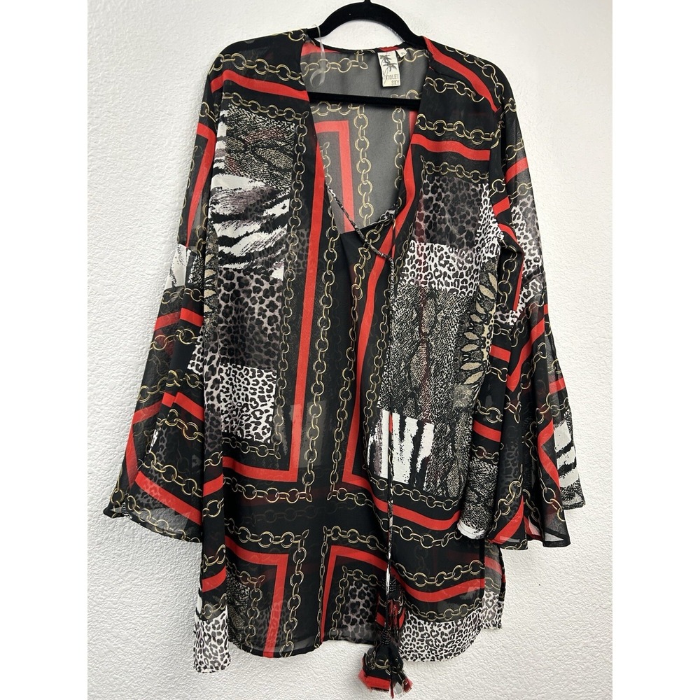 Violet Sky Sheet Swim Cover Up Kimono Black Chain Leopard Size XL‎ Tassels
